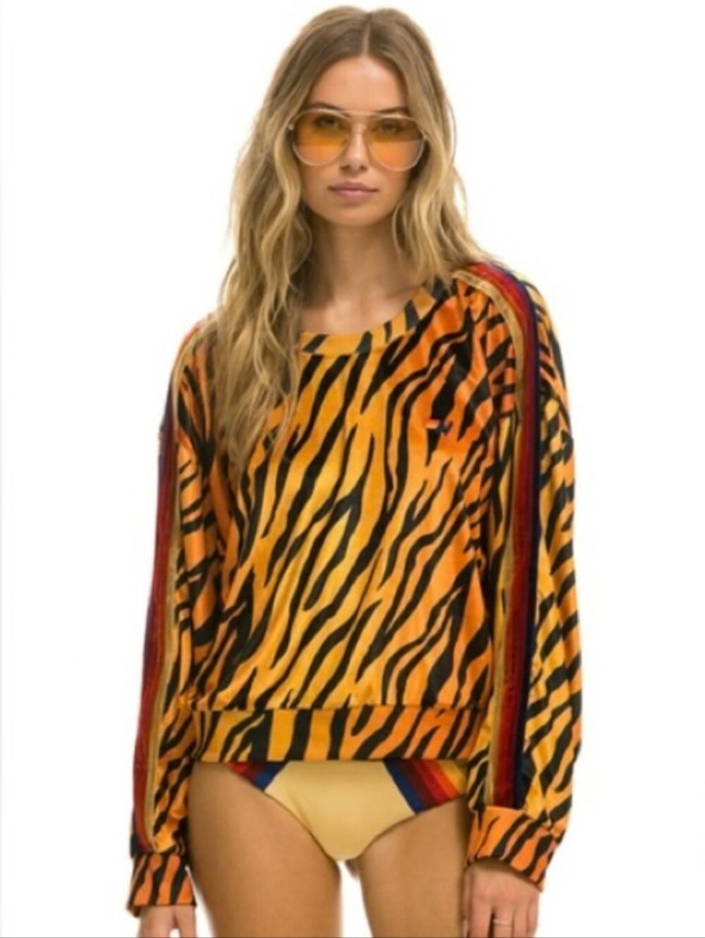 PRE-OWNED UNISEX Aviator Nation Orange and Black Tiger Stripe Velvet Crewneck 🐯
